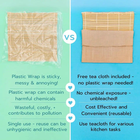 Comparison of plastic wrap vs tea cloth in Premium Wood No Plastic Sushi Making Kit For Home Use Beginners To Pro Chefs Includes Bamboo Mats Rice Paddle Rice Spreader Tea Cloth Chopsticks And More Eco Friendly DIY Gift For Sushi Lovers