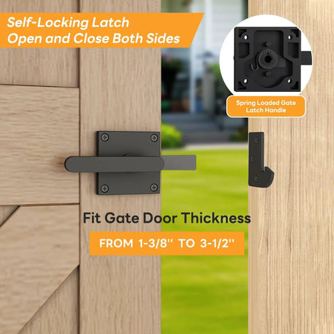 Heavy Duty Anti Sag Gate Kit With Left Opening Latch And Adjustable Bracket Gate Frame Hardware For Wooden Fence Or Patio Fits 24 To 60 Inch Wide Openings Works With 2x4 Lumber, showing self-locking latch on wooden gate.