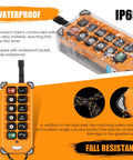 Orange 12-button wireless crane remote control with antenna; IP65 waterproof hoist transmitter.