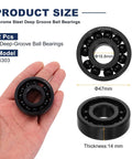2 Pcs 6303 Deep Groove Ball Bearings Chrome Steel 16.8 By 47 By 14 mm held in hand showing detailing and size specifications.