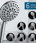 High Pressure 6 Function Shower Head Set With Handheld And 80 Inch Hose In Chrome Finish showing six spray settings