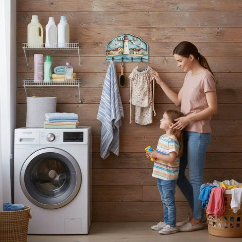 Mother and child in laundry room with rustic wood wall-mounted key holder with four hooks, modern beachy seagull decor.