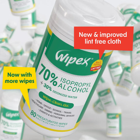 Alcohol Wipes For Electronics With 70 Percent Isopropyl Alcohol, Quick Dry Tech Cleaning Wipes; close-up of canister label, pack of 6.