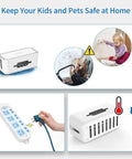 Image of Surge Protector Power Strip With Cable Management Box 6 Outlets And 2 USB Ports Switch Control Flat Plug 5 Foot Heavy Duty Extension Cord Cord Organizer Box For Home And Office White detailing safety features for kids and pets.