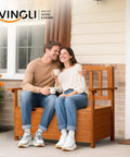 Outdoor Storage Bench With Seating For Two Weatherproof Cedar Wood Deck Box Loveseat with couple on porch