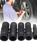 Mechanic using Dual Head Lug Nut Socket Set in CrMo Steel Thin Wall Wheel Nut Sockets Five Piece Automotive Tool Kit for Tire Replacement