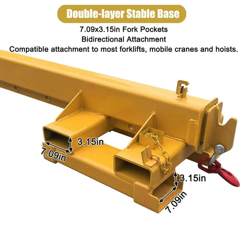 Top Tier Badass 5 Ton 11000 Lb Bidirectional Adjustable Crane Boom Forklift Attachment showing double-layer stable base with fork pockets.