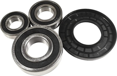 Heavy Duty Bearing And Seal Kit For Ge Front Load Washer Tub Rebuild featuring three steel bearings and one black gasket.