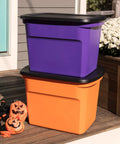 Eighteen Gallon Stackable Storage Totes With Snap Close Lids Heavy Duty Plastic Bins For Closet Organization in orange and purple.