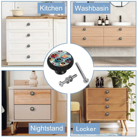 Color Record Player Pattern Cabinet Knobs Set Of 4 Stylish Drawer Pulls Handles for dressers and cabinets display.