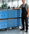 Heavy Duty Rolling Tool Chest With Seven Deep And Shallow Drawers Lockable Mobile Tool Cabinet On Swivel Wheels For Garage Organization Big Power Tools And Small Hardware Blue Shop Workhorse Storage Cart, man standing beside carts.