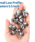 4 Pack Mini Stem Caster Wheels With One Half Inch M4 Screw Stem Swivel Casters held in hand, low profile rubber wheels