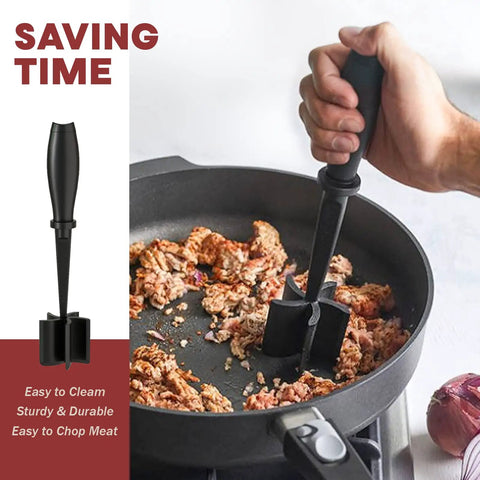 Five Blade Premium Stainless Steel Meat Chopper And Hamburger Press Tool For Fast Ground Beef Crumbling Chicken And Pork Preparation, chopping meat in pan.