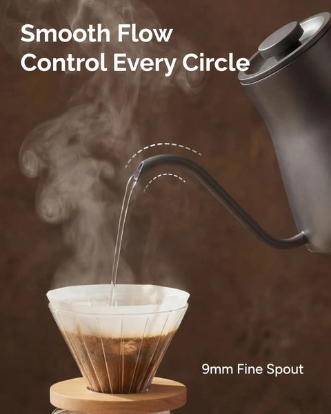 Gooseneck Electric Kettle With Precise Temperature Control Plus Or Minus One Degree Fahrenheit pouring water into coffee filter