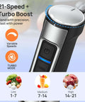 Kickstart Your Kitchen Game With This Heavy Duty 5 In 1 Immersion Blender Featuring 1100W Motor And 21 Speed Settings Plus Turbo Mode with speed controls.