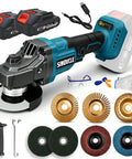 Tough-As-Nails Cordless Angle Grinder 4 1/2-Inch 21V Power with dual batteries, cutting discs, and accessories for metal cutting and grinding.