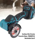 Tough As Nails Cordless Mini Circular Saw 3 Inch 19000RPM Battery Powered Cut Off Workhorse With Dual Blades And Dust Collection Cover For Wood Metal Stone Plastic, close-up view of saw with detachable dust cover.