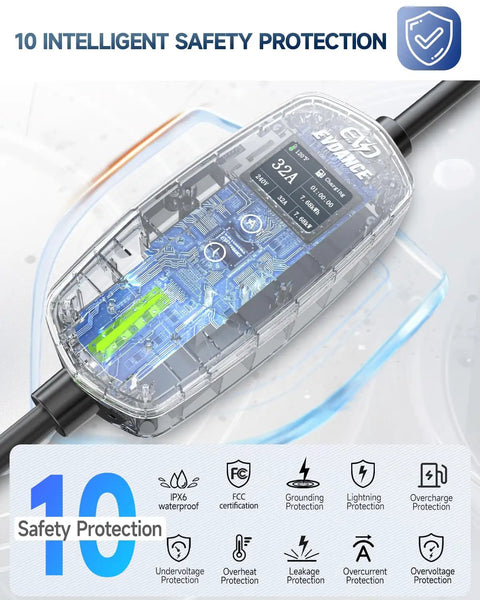 Level Two Portable EV Charger Delivering 32 Amp Power At 240 Volts With A Heavy Duty 25 Foot Cord showing safety features and display.