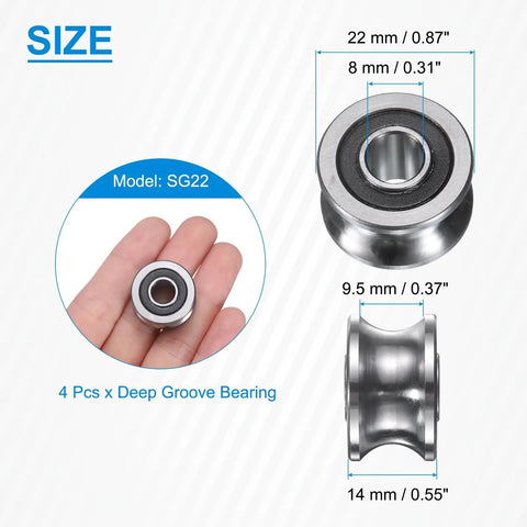 Four Pack Heavy Duty Deep Groove Ball Track Guide Bearings 8MM Inner Diameter 22MM Outer Diameter 14MM Thick image showing dimensions and design.