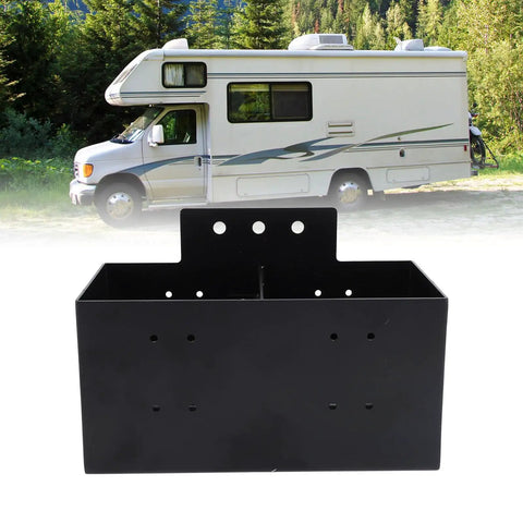 Universal Heavy Duty Detachable Storage Bin With Quick Release Rail Slides For RV Camper Trailer Pickup And Boat Road Ready Hassle Free Tool Organizer Rack in black with RV background.
