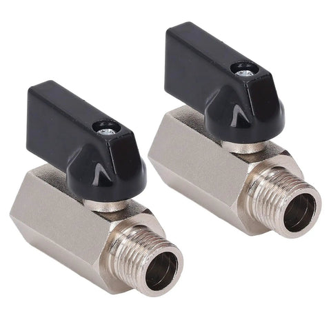 Rock Solid Mini Brass Ball Valve Featuring Dn8 G One Quarter Male And Female Threaded Pipe Connections For Smooth Plumbing Jobs Built Tough With Anti Rust Plating For Years Of Flawless Performance In A Money Saving Duo Pack, close-up view of two valves with black handles.