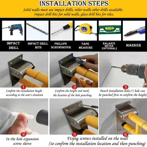 Installation steps for Built Tough Twenty Eight Inch Flip Up Toilet Grab Bar with tools like impact drill, screwdriver, and tape measure.