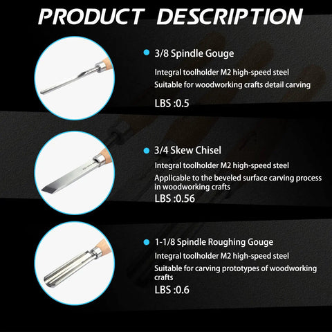 Image showing 3-piece Cryogenic HSS Wood Turning Chisels Set with spindle gouge, skew chisel, and spindle roughing gouge details.