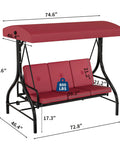 Three Seat Outdoor Porch Swing With Stand 2 In 1 Convertible Lounger Bed Stepless Adjustable UV Resistant Waterproof Canopy Cushioned Patio Swing For Garden Or Backyard 800 Lb Capacity; red cushions and canopy, dimensions marked.