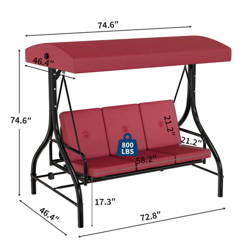 Three Seat Outdoor Porch Swing With Stand 2 In 1 Convertible Lounger Bed Stepless Adjustable UV Resistant Waterproof Canopy Cushioned Patio Swing For Garden Or Backyard 800 Lb Capacity; red cushions and canopy, dimensions marked.