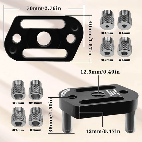 Self Centering Woodworking Drill Guide with eight interchangeable inserts, 3 to 10mm, shown with dimensions, on beige background.