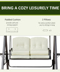 Two Person Patio Swing Bench With Adjustable Shade Canopy Cushions Throw Pillows And Tray Beige Outdoor Seating display