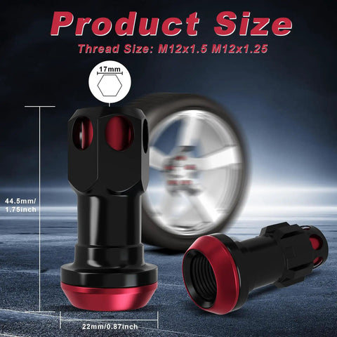 Heavy Duty Wheel Lug Nuts With Anti Theft Locks For Cars Includes Hex And Eight Point Spline Keys M12X1.25 22MM OD 45MM Height Tough Alloy Steel showcasing size details.