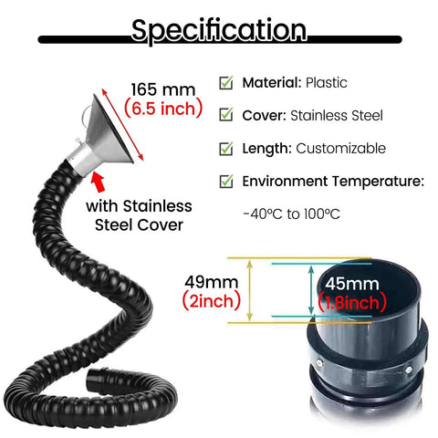 360 Degree Flexible Dust Collection Hose System For Smoke Extraction 1.8 Inch Welding Sucker Suction Tube with stainless steel cover and plastic hose.