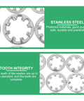 Stainless Steel Internal Tooth Lock Washers with Star Serrated Design 300 Piece Assortment Kit showing material and teeth integrity.