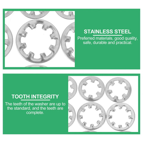 Stainless Steel Lock Washers Set 300Pcs Internal Tooth Star Washers showing corrosion resistance and tooth integrity features.