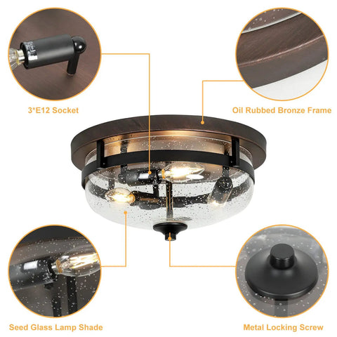 Three Light Flush Mount Ceiling Light Dope Industrial Farmhouse Fixture With Seeded Glass Shade In Bronze Finish 15 Inch detail