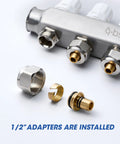 Two Loop Stainless Steel PEX Manifold Kit For Floor Radiant Heating With 1 Inch NPT Supply And Return Shut Off Valves Up To 1.4 GPM Flow Meter Includes Half Inch Adapters For Hydronic Heating.
