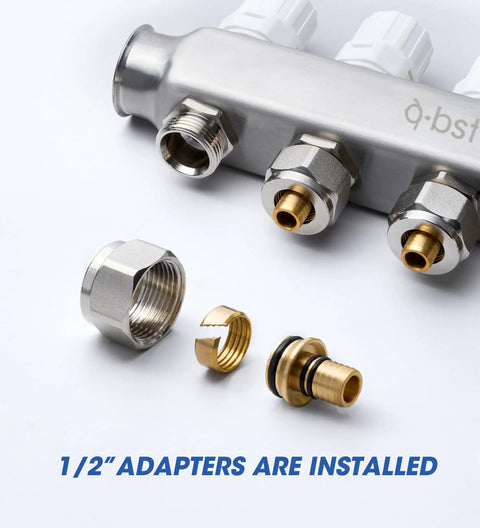 Two Loop Stainless Steel PEX Manifold Kit For Floor Radiant Heating With 1 Inch NPT Supply And Return Shut Off Valves Up To 1.4 GPM Flow Meter Includes Half Inch Adapters For Hydronic Heating.