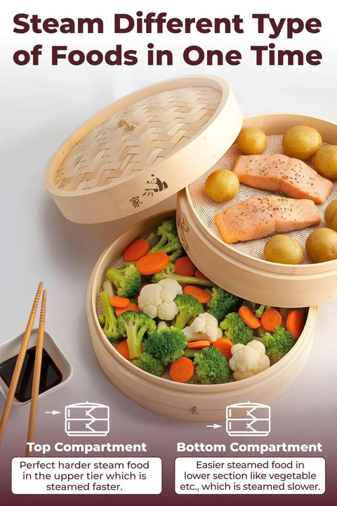 8 Inch Bamboo Steamer Basket With 50 Liners, Organic Kitchen Workhorse For Veggies Rice Dim Sum with dual compartments of food.