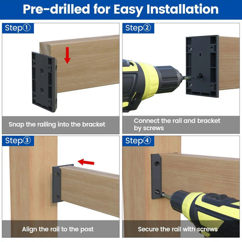 Installation steps for All In One Deck Railing Brackets Kit For 2x4 Wood Posts 1.5 In By 3.5 In Rails Includes 20 Brackets And 124 Screws