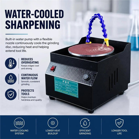 Water-cooled sharpening tool features a flexible nozzle for continuous flow, enhancing the Versatile Wet Dry Bench Grinder And Powerful Electric Knife Sharpener With 7 Speed Settings For Metal Polishing And Tool Sharpening That Gets The Job Done Fast While Delivering A Slick Finish Every Single Time.