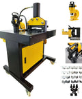Beast Mode Heavy Duty 4 In 1 Electric Hydraulic Busbar Processing Machine With Cutter Hole Puncher Bending And Crimping 0 To 90 Degrees 35 Ton Cutting 35 Ton Punching 25 Ton Bending 110V Power, side view with attachments