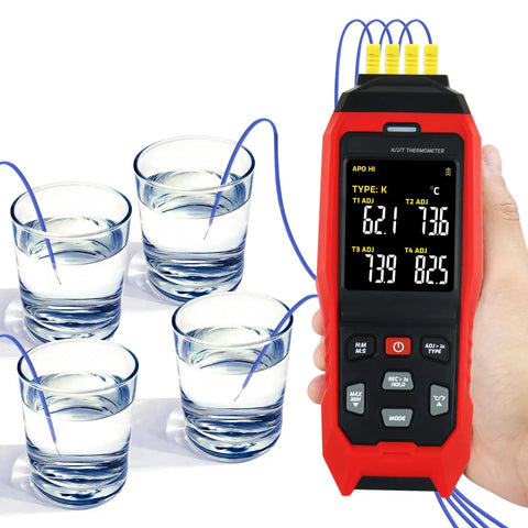 Four Channel Thermocouple Data Logger Thermometer Workhorse with K, J, and T Type Thermocouples measuring temperature in water glasses.