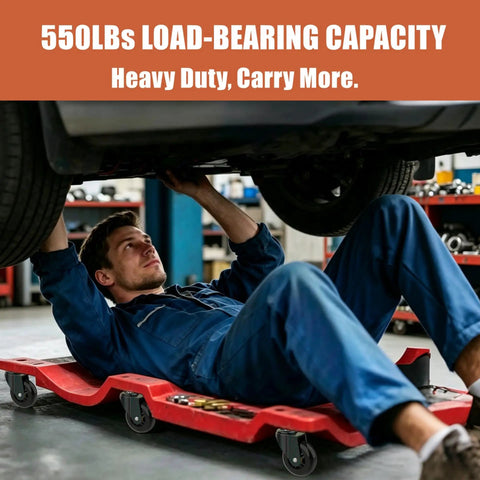 Heavy Duty 6 Pack Creeper Replacement Wheels 2.5 Inch Smooth Rolling Rubber Casters With M10 X 1 Stem Built Tough For Quiet Ride and Hassle Free Glide On Mechanic Seats Or Shop Stools, man using mechanic cart.