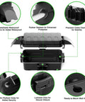 Diagram showing features of IP55 Weatherproof Outdoor Electrical Box With Detachable Awning UL Listed Compact 5.9 By 3.2 By 1.8 Inch