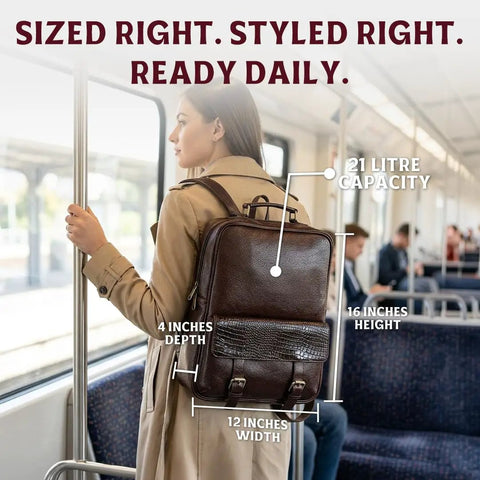 Woman on train wearing genuine burgundy leather laptop backpack for work and travel on the go, 15.6 inch pro grade office bag.