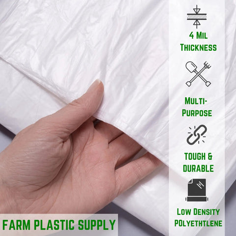 Close-up of a hand holding Super Durable 4 Mil Thick Clear Plastic Sheeting Roll Measuring 8 Feet By 100 Feet with product features.