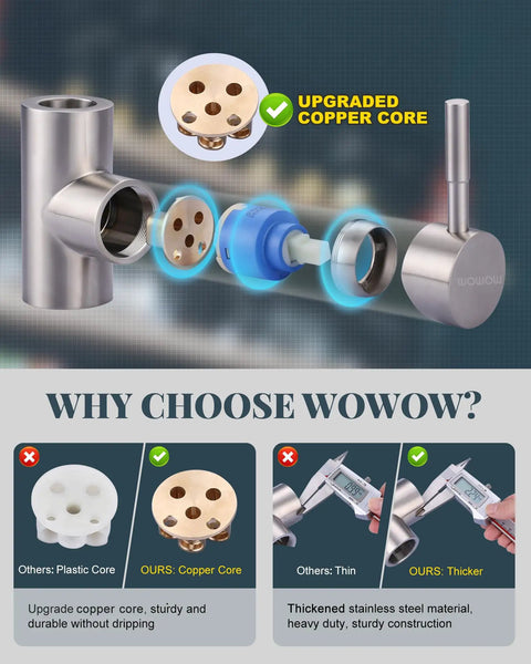 Exploded view of High Arc Single Handle Brushed Nickel Kitchen Faucet With Pull Down Sprayer showcasing upgraded copper core.