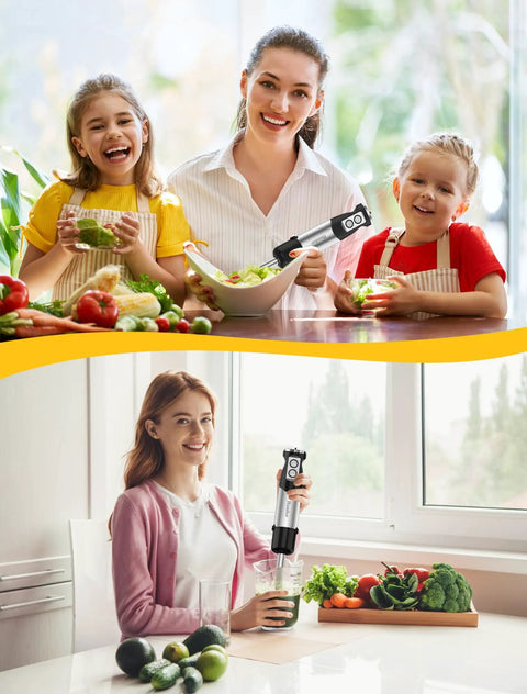 Woman and children using a Six In One Immersion Blender With 1000W Motor And 12 Speed Settings to prepare a salad.