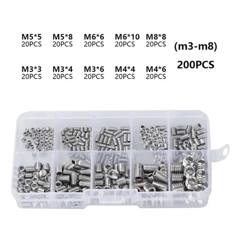 High Strength 304 Stainless Steel Socket Head Hex Set Screw Kit Metric M3 M4 M5 M6 M8 Cup Point 200 Piece Assortment